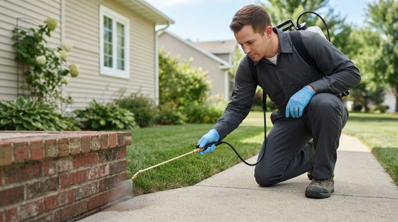 Pest control technician treating a home near Hitchita, OK