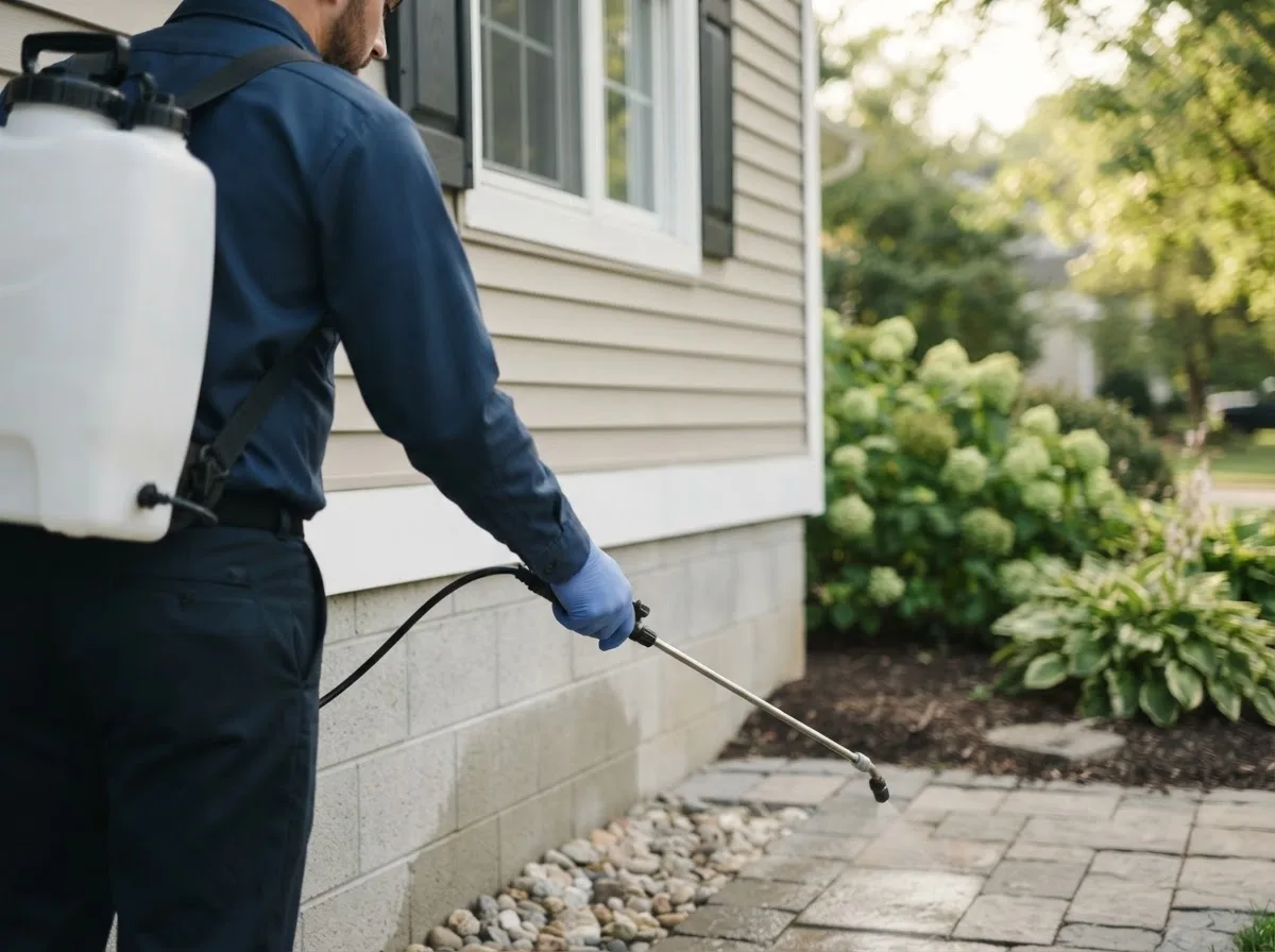 Pest control technician inspecting a home in Hitchita, OK